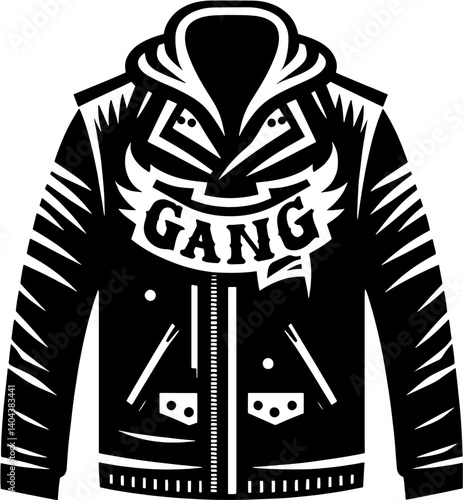 A black and white graphic of a hooded jacket with the word gang across the chest area of it