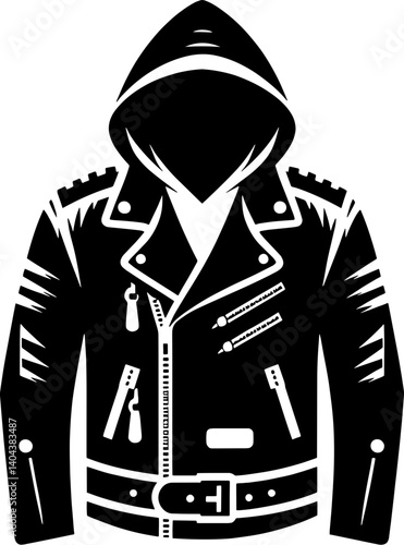 Illustration of a black leather jacket with a hood and belt on a white background in vector format