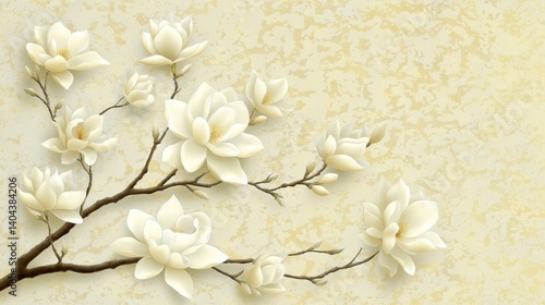 Elegant White Magnolia Blossoms on Branch Against a Textured Beige Background – Minimalist Floral Art