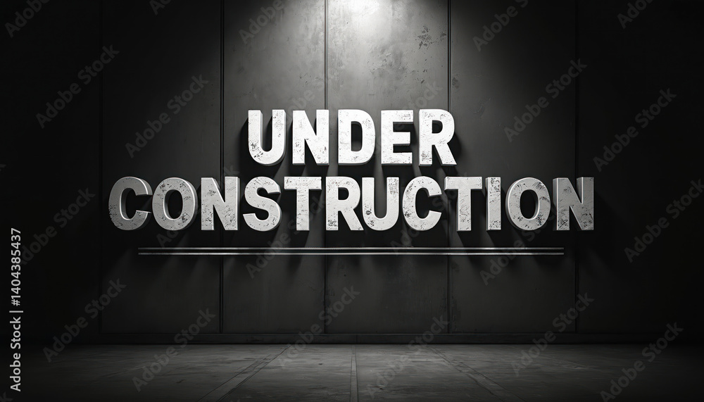 Illustration of sign with words UNDER CONSTRUCTION in bold white letters. Black background, spotlight. Concept of development, progress, site, renovation, upcoming project, new business. Design Illustration of sign with words UNDER CONSTRUCTION in bold white letters. Black background, spotlight. Concept of development, progress, site, renovation, upcoming project, new business. Design