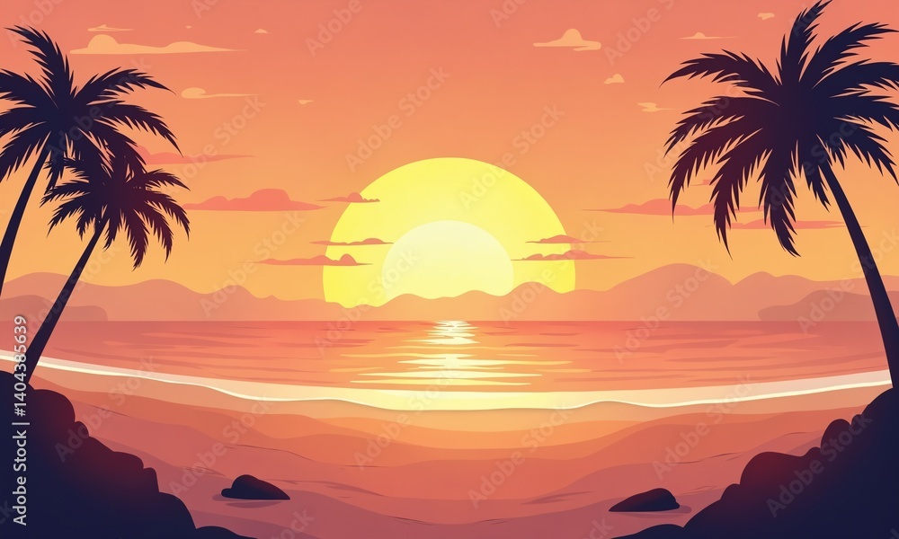 A serene beach sunset illustration with palm tree silhouettes, warm orange and pink gradients, calm waves, and a reflective shoreline, minimalist vector style. A serene beach sunset illustration with palm tree silhouettes, warm orange and pink gradients, calm waves, and a reflective shoreline, minimalist vector style.