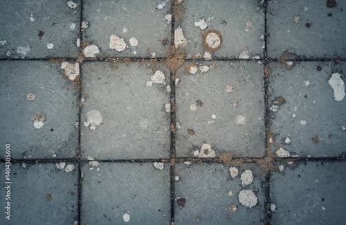 Top-down view of grey concrete pavement with bird droppings. Spotted sidewalk floor with white excrement. Urban environment, public space, potential pollution problem. Messy surface.