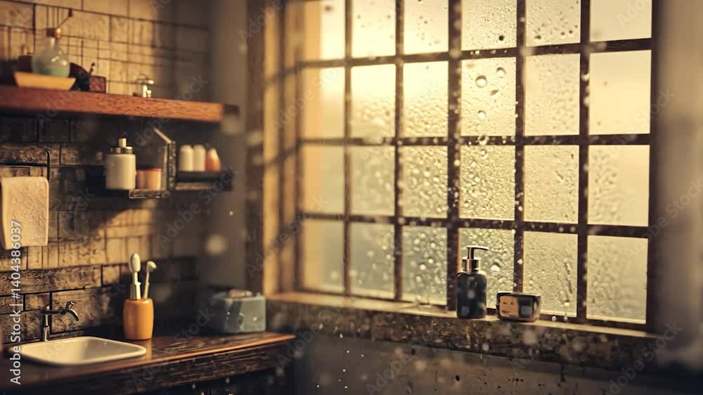 Miniature bathroom, rain shower, window light Miniature bathroom, rain shower, window light