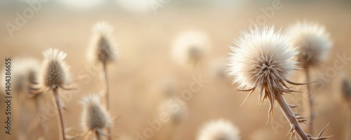 Dry thistle plants growing field. Fluffy beige wildflowers. Monochrome botanical flora background. Natural floral banner in autumn season, sunny day. Focus on thistle flower heads.