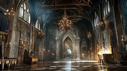 Grand gothic hall with ornate chandeliers, intricate artwork, and soft sunlight illuminating the space