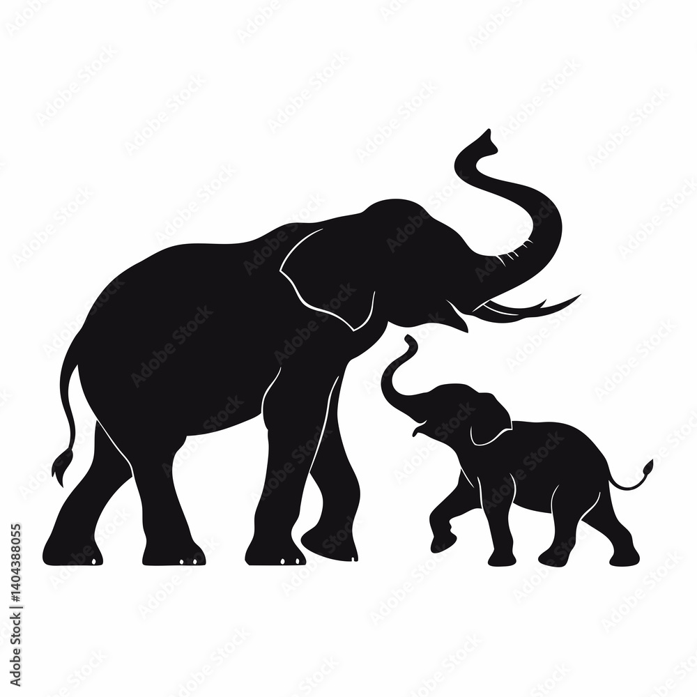 Obraz premium Elephant Mother And Baby Walking Together Silhouette Vector Illustration Design