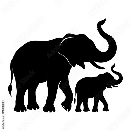 Elephant Family Silhouette Walking Together Artistic Vector Illustration Design Black And White