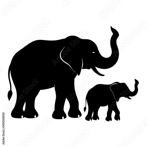 Black Silhouette Of Mother Elephant And Baby Elephant Illustration Graphic Design