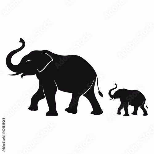Elephant Family Walking Together Black Silhouette Graphic Vector Illustration Design