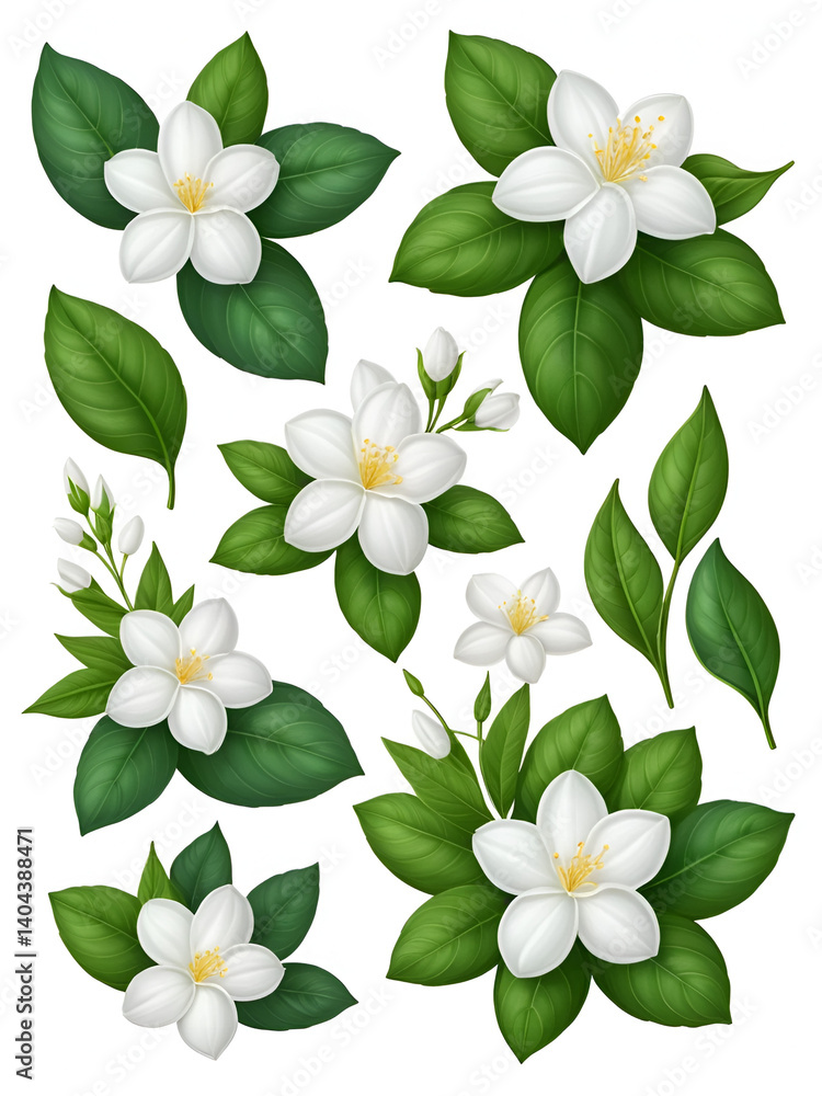 Set of jasmine flowers and leaves isolated on white or transparent background Set of jasmine flowers and leaves isolated on white or transparent background