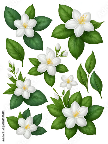 Set of jasmine flowers and leaves isolated on white or transparent background