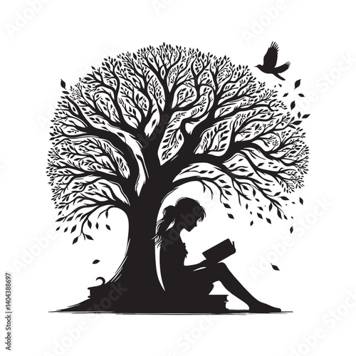 Silhouette artwork featuring a girl reading under a majestic tree with a flying bird nearby, representing tranquility and imagination.