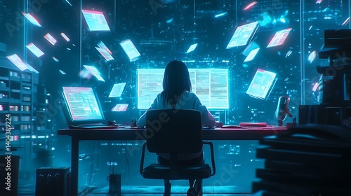 Back view of a student seated at a futuristic desk with holographic books floating in the air and an AI tutor beside them 