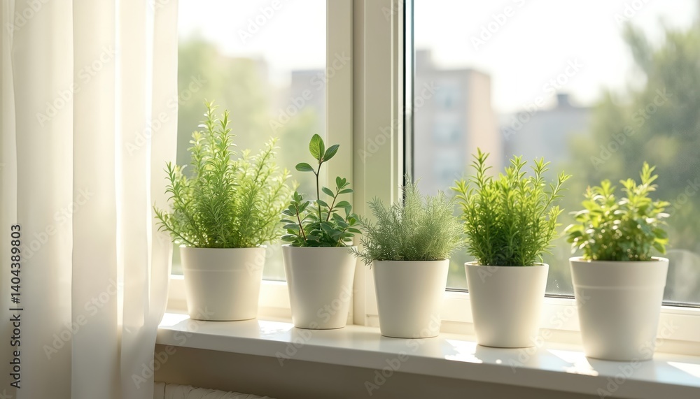 Fototapeta premium Various fresh herbs in white pots growing on windowsill. Rosemary thyme and other kitchen herbs grow indoors. Home gardening concept. Natural ingredients for cooking, eco lifestyle.