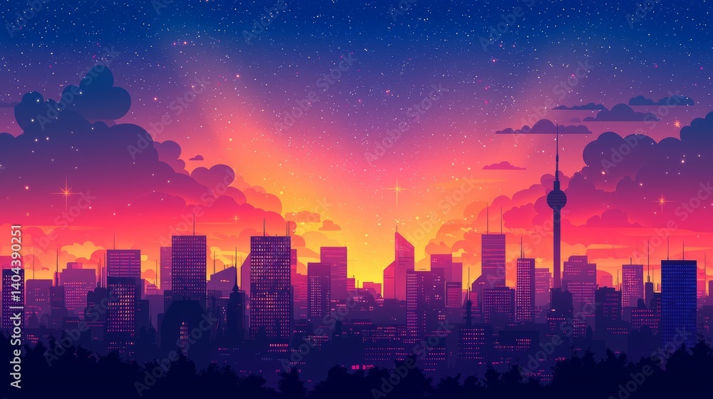 Vibrant City Skyline at Sunset with Colorful Clouds and Night Sky Vibrant City Skyline at Sunset with Colorful Clouds and Night Sky