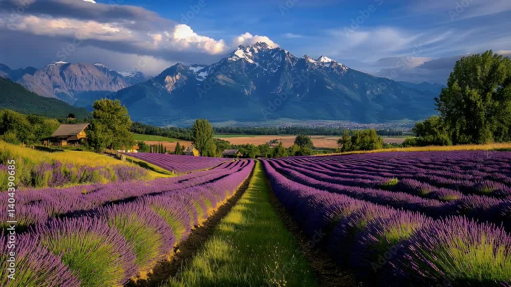 Lavender fields stretching towards a majestic mountain range Lavender fields stretching towards a majestic mountain range