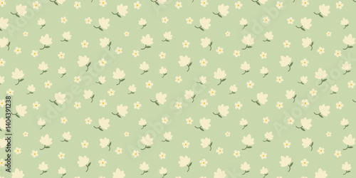 Tiny Tulip Meadow, Scattered tiny tulips and flowers on a pastel green background., seamless floral pattern