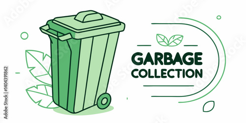Vector Clean green Trash Can. Garbage Collection recycling trash can for waste disposal and environmental cleanliness.
