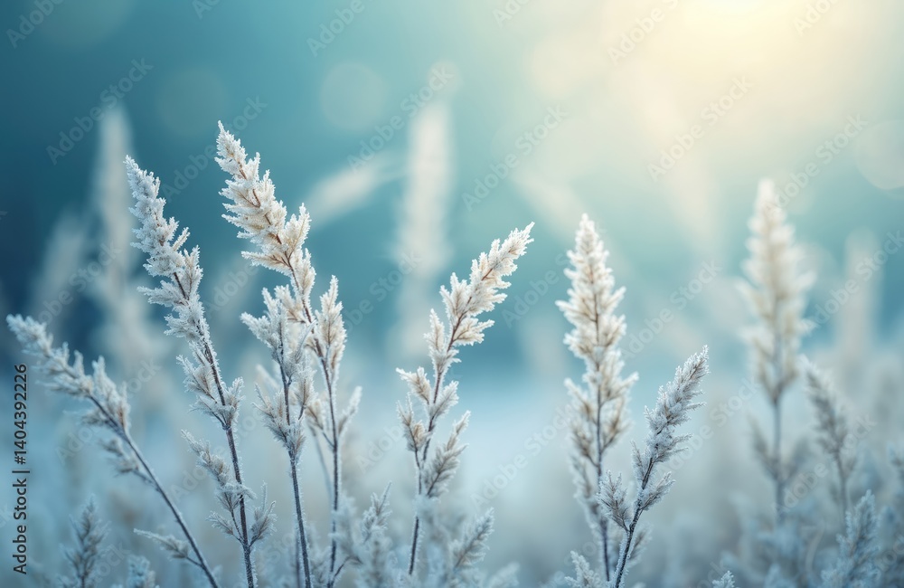 Frosted plants on blue background on sunny winter day. Cold season, frozen flora, ice crystals. Abstract nature landscape, winter background for design, card, ecology, botany. Frosted plants on blue background on sunny winter day. Cold season, frozen flora, ice crystals. Abstract nature landscape, winter background for design, card, ecology, botany.