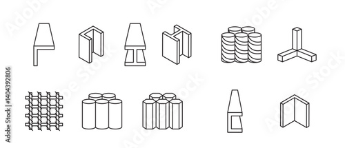 Steel Construction Icons. Metal products icons set. Fabrication of metal raw materials, parts, linear icon collection. T-beam, tube, channel, angle, hardware, bending, spring, mesh, metal bar, gear, 