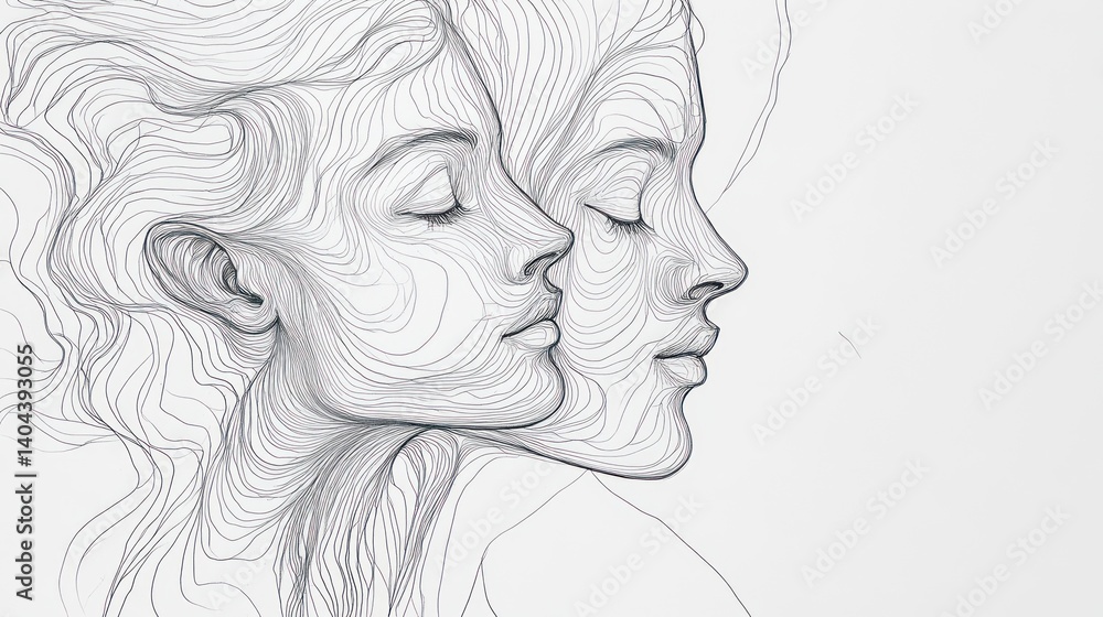 Two faces in a delicate dance of interwoven lines. Two faces in a delicate dance of interwoven lines.