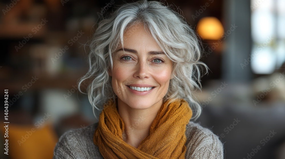 Smiling, grey-haired woman with scarf, indoor, looking at camera Smiling, grey-haired woman with scarf, indoor, looking at camera