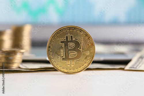 Golden bitcoins on table ne...