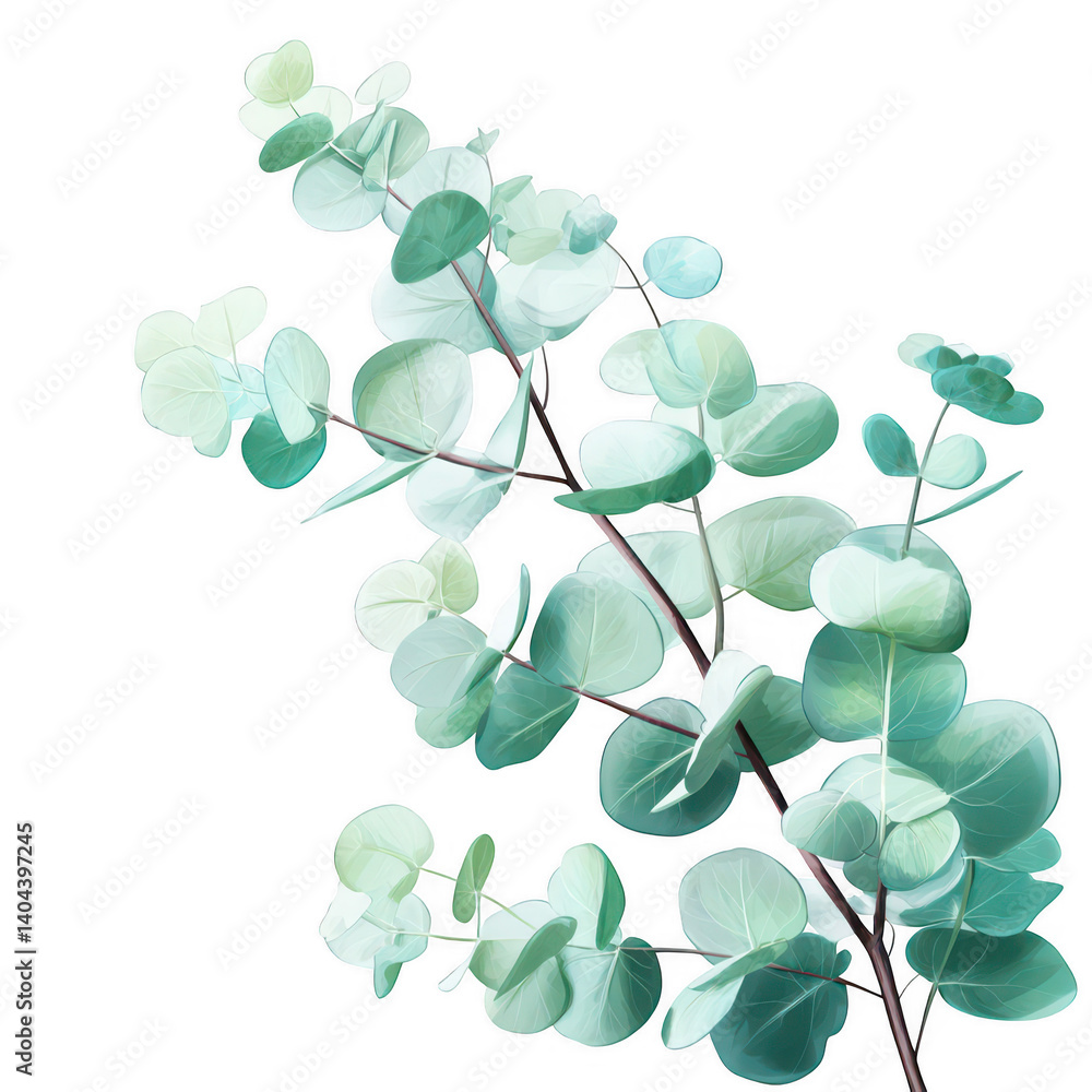 Obraz premium Cute cartoon eucalyptus branch illustration soft colors digital art nature whimsical style