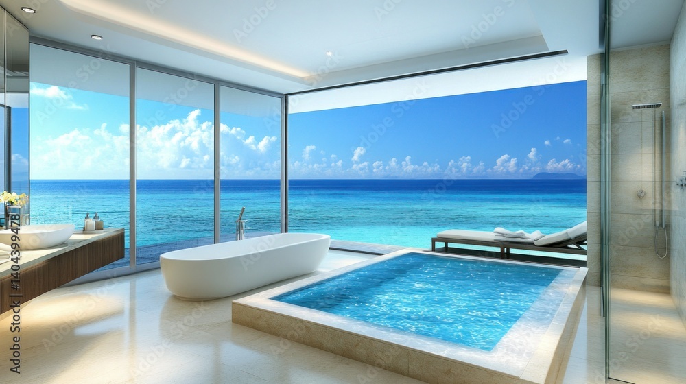 Fototapeta premium Luxurious modern bathroom with ocean view and spa features