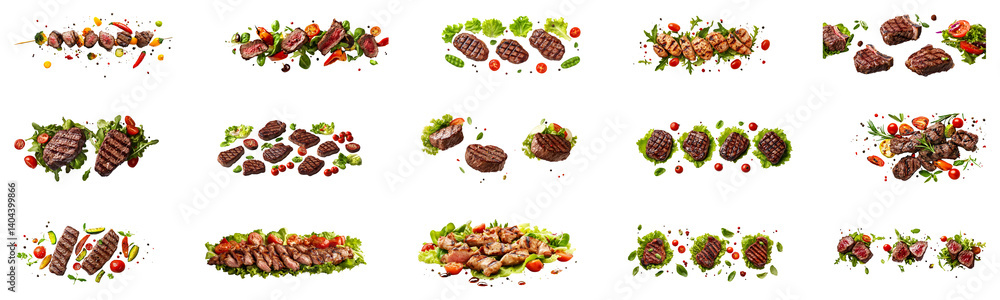Grilled Meat Assortment with Skewers, Steak Slices, and Patties Garnished with Herbs and Tomatoes on Transparent Background
Grilled Meat Assortment with Skewers, Steak Slices, and Patties Garnished with Herbs and Tomatoes on Transparent Background