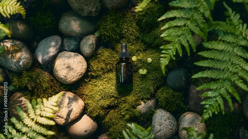 Amber Essential Oil Bottle on Mossy Rocks and Ferns