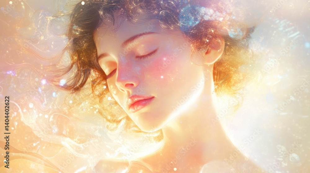 Dreamy Portrait of a Girl Surrounded by Ethereal Light and Sparkling Dust Dreamy Portrait of a Girl Surrounded by Ethereal Light and Sparkling Dust