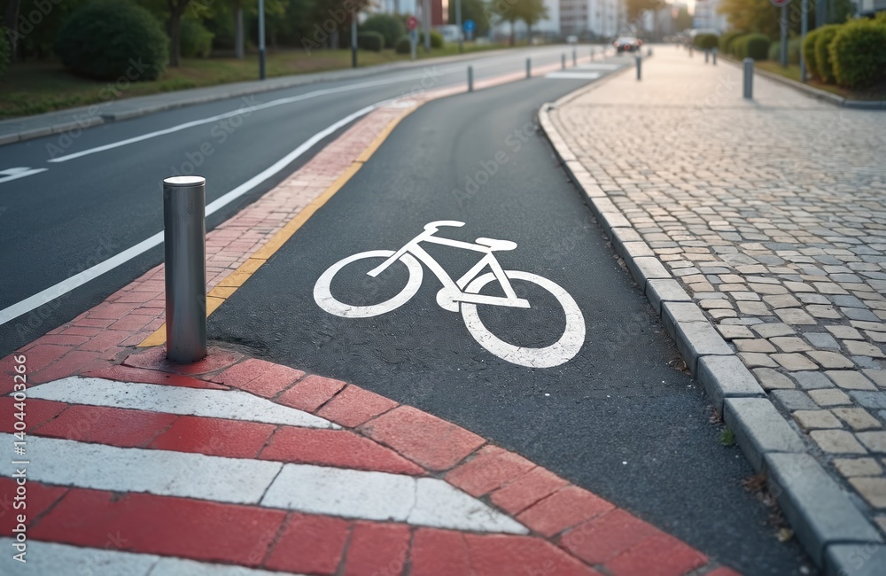 Bike path with pedestrian crossing road surface. Bicycle lane asphalt. Road markings. Urban infrastructure. Safety, accessibility and mobility for cyclists. Cycle way, footpath in city.