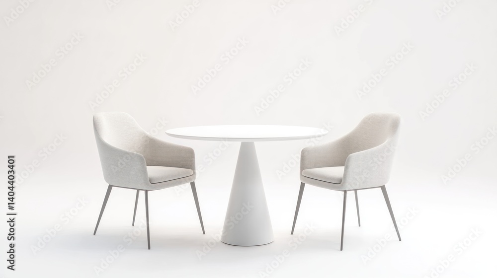 A minimalist, round white table with two matching armchairs. A minimalist, round white table with two matching armchairs.