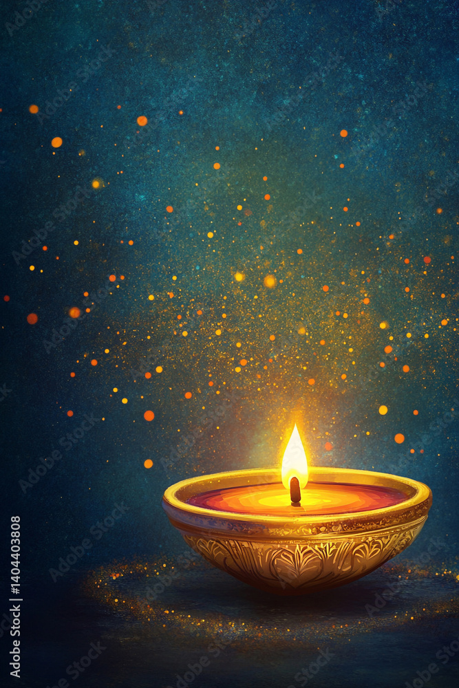 Illuminated Diwali Diya Golden Oil Lamp with Sparkling Background Illuminated Diwali Diya Golden Oil Lamp with Sparkling Background
