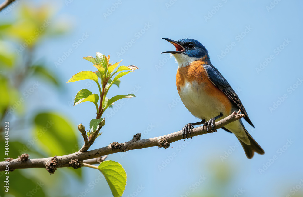 Bluethroat songbird perched on branch. Blue throat feathers, orange breast, white belly. Songbird sings, clear blue sky. Beautiful bird in natural environment.