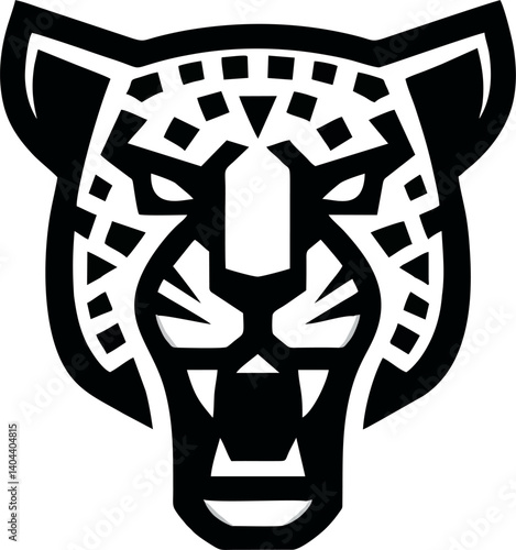 Stylized black and white illustration of a leopard's head with geometric patterns.