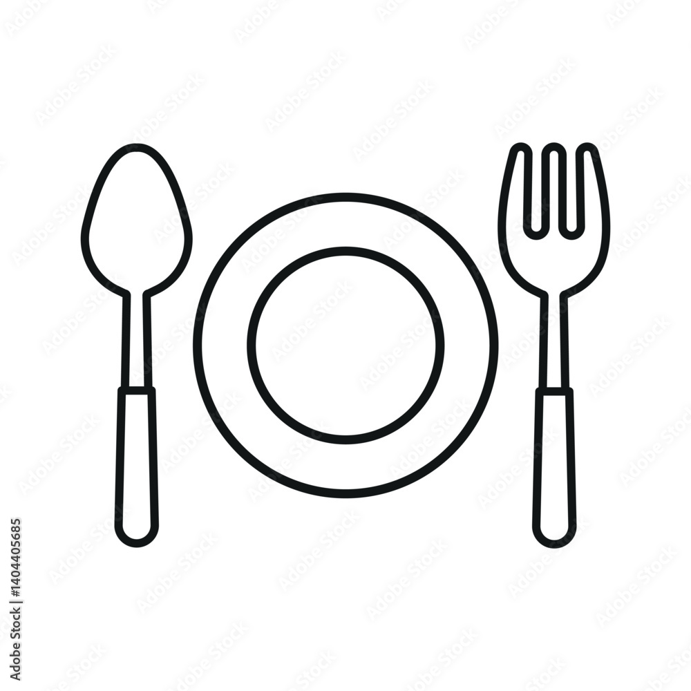 Spoon, fork, and plate icon symbolizes mealtime essentials, table setting, and everyday dining moments. Spoon, fork, and plate icon symbolizes mealtime essentials, table setting, and everyday dining moments.