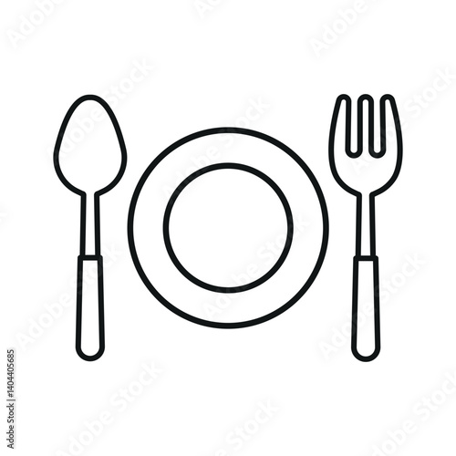 Spoon, fork, and plate icon symbolizes mealtime essentials, table setting, and everyday dining moments.