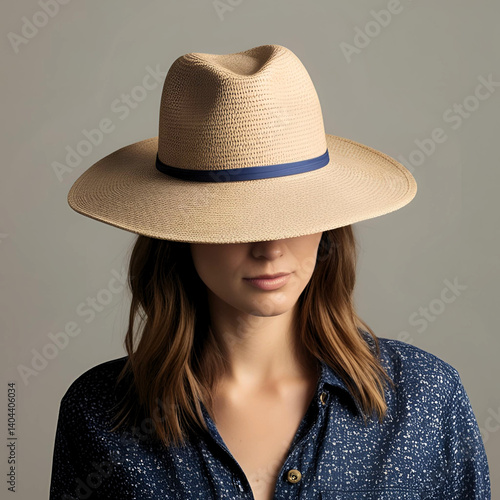  a woman wearing a cream-colored hat with a blue ribbon. The hat has a wide shape that covers part of her face, giving a mysterious impression