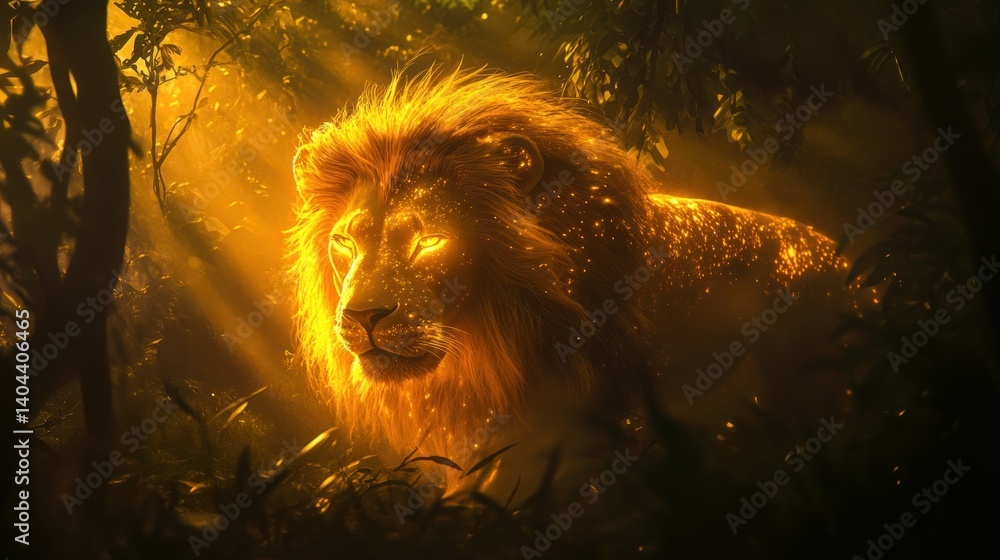 Naklejka premium Golden lion basking in ethereal light within a mystical jungle setting