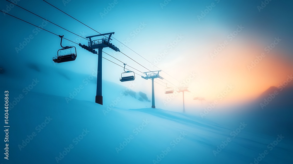 Silhouetted Couple on a Ski Lift in Misty Sunset Mountains Silhouetted Couple on a Ski Lift in Misty Sunset Mountains