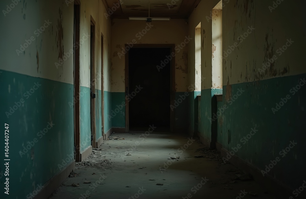 Dark, abandoned corridor in Dnipro Ukraine. Empty building with peeling paint, decaying walls, long hallway. Doors, windows, shadows, dust, debris. Creepy atmosphere. Urban exploration theme, Dark, abandoned corridor in Dnipro Ukraine. Empty building with peeling paint, decaying walls, long hallway. Doors, windows, shadows, dust, debris. Creepy atmosphere. Urban exploration theme,
