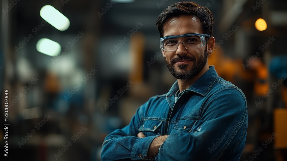 Fototapeta premium Man wearing safety glasses and jean jacket in factory