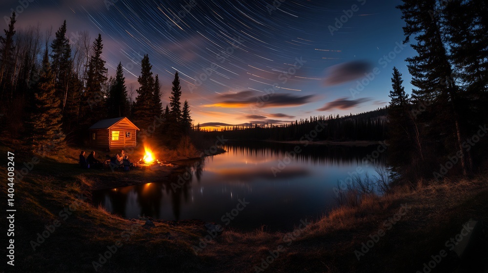 Fototapeta premium Star Trails Campfire Lake Cabin Night.