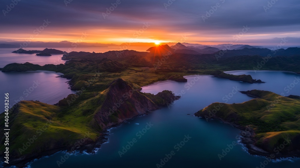 Fototapeta premium Stunning Komodo Island Sunset Aerial View.