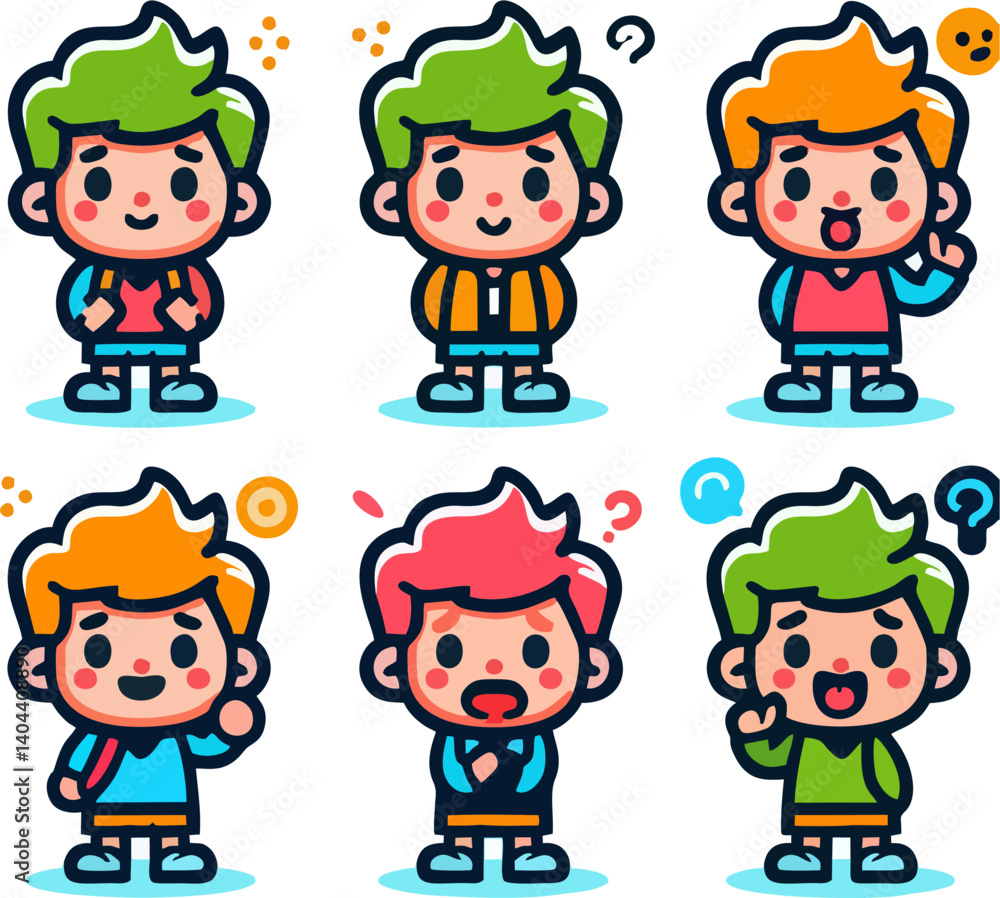 Cute cartoon characters with different hairstyles and expressions, wearing colorful outfits. The characters are in a playful, animated style with bold outlines and bright colors. Cute cartoon characters with different hairstyles and expressions, wearing colorful outfits. The characters are in a playful, animated style with bold outlines and bright colors.