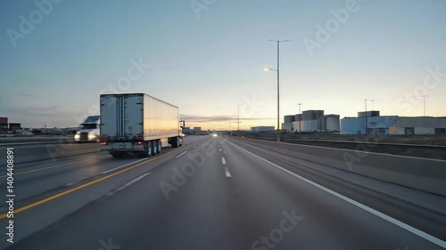 White Semi-Truck Driving on a Multi-Lane Highway. Rear View of a Semi-Truck Traveling on a Highway at Dusk Landscape View
