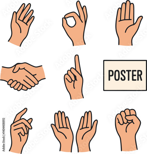 Illustration of various hand gestures including waving, okay sign, handshake, pointing, and fist.