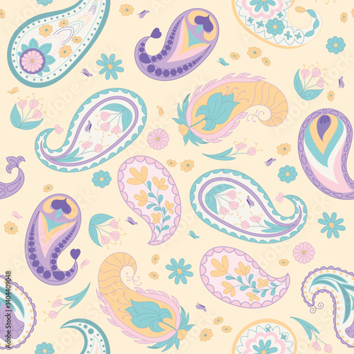 Novelty Pastel Paisleys Scattered in a Non Directional Style on a Butter Yellow background creating a seamless pattern print background